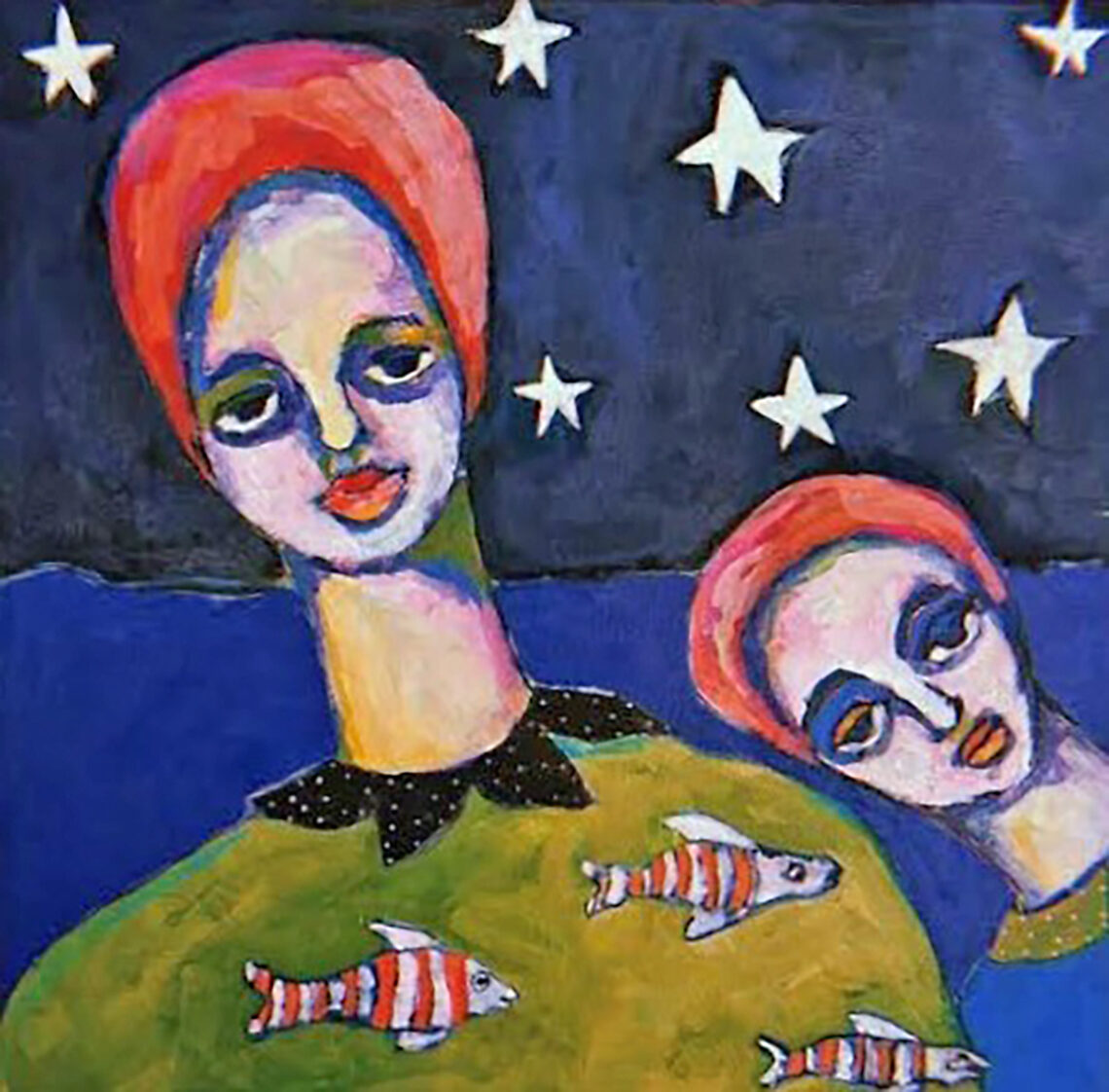 Susan Salvati - art - two red-haired people at night, fishes